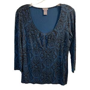 Ann Taylor Scoop Neck Top Size Medium Black Teal Floral Pattern 3/4 Sleeves